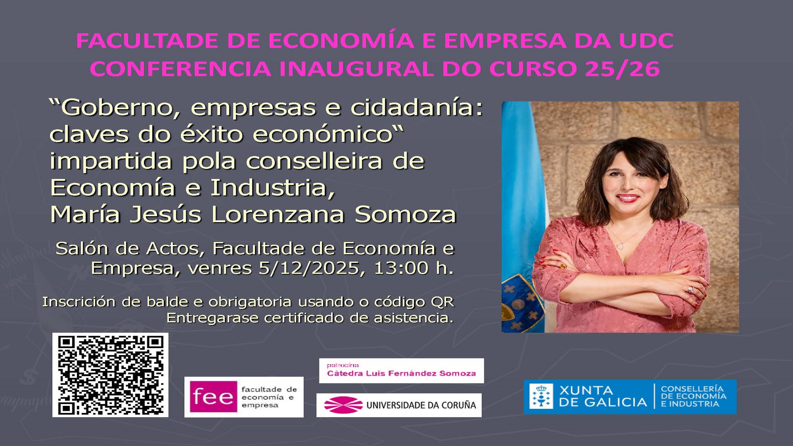 Conferencia inaugural Curso 2025-2026, María Jesús Lorenzana Somoza, Conselleira de Economía e Industria. 5 diciembre, 13:00 horas