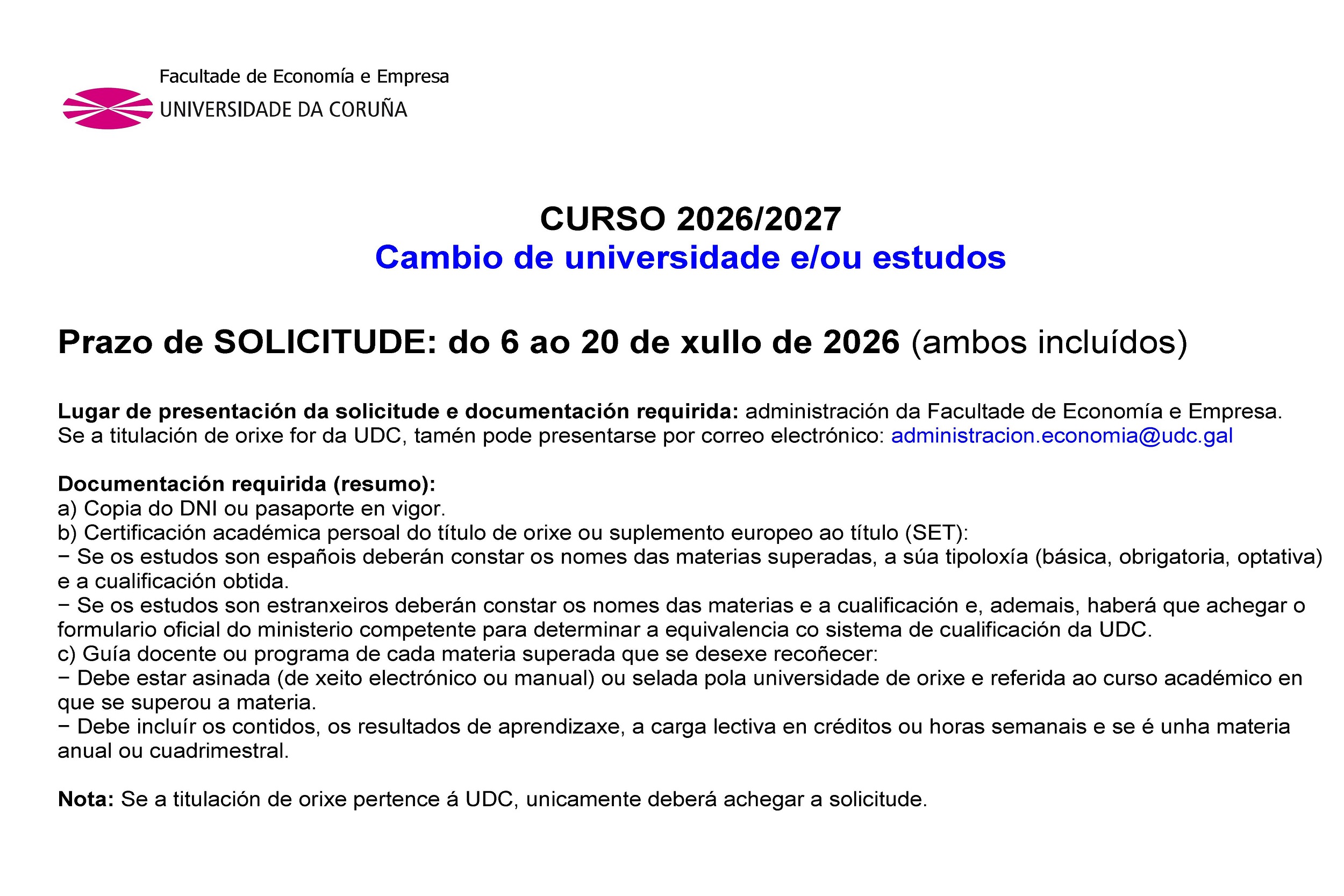 Curso 2026/2027: Cambio de universidad y/o estudios (del 6 al 20 de julio de 2026 (ambos incluidos))