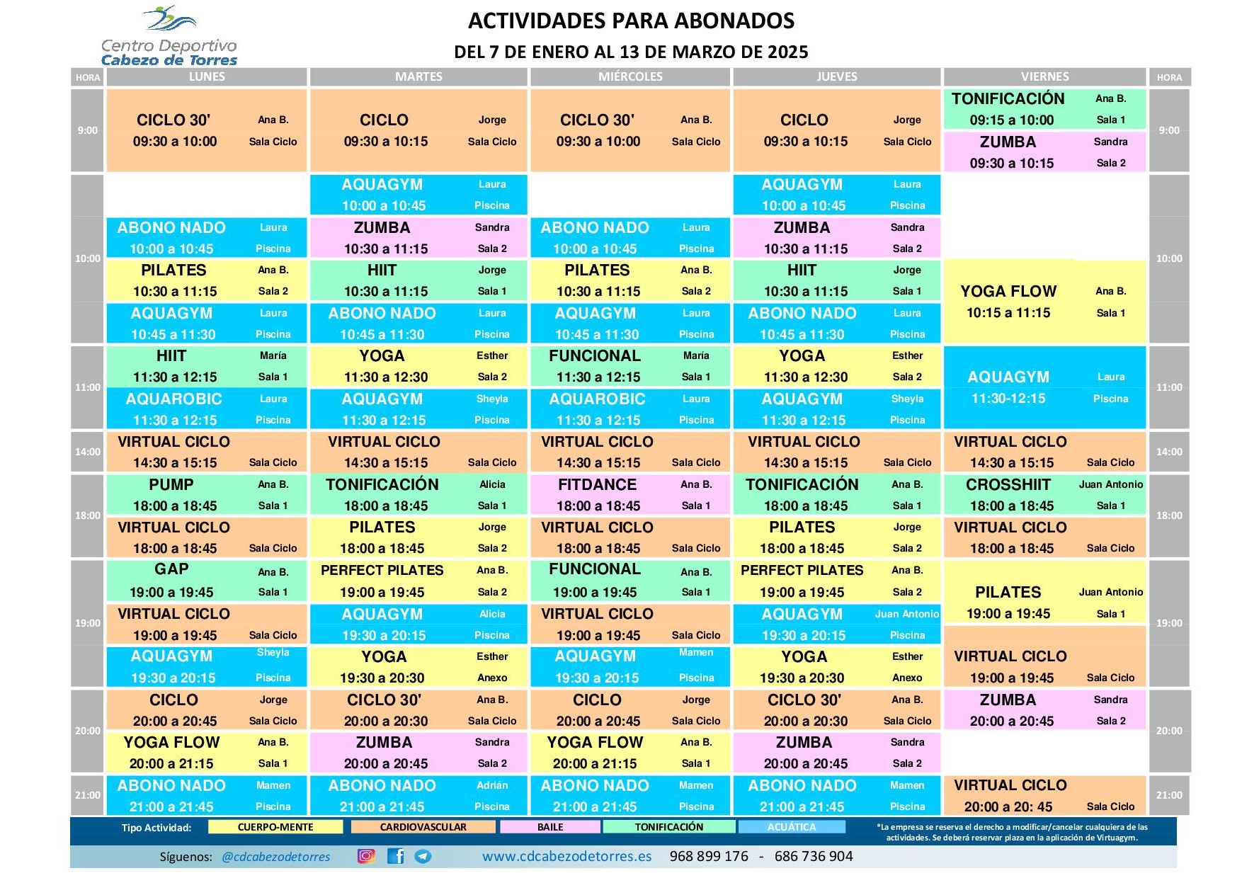 Horario clases de abonados del 7 de enero al 29 de marzo de 2026